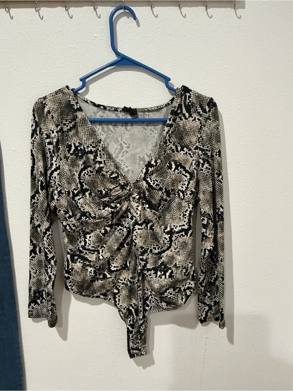 free press Snake Print Twist-Front Long Sleeve Bodysuit - Black & Cream